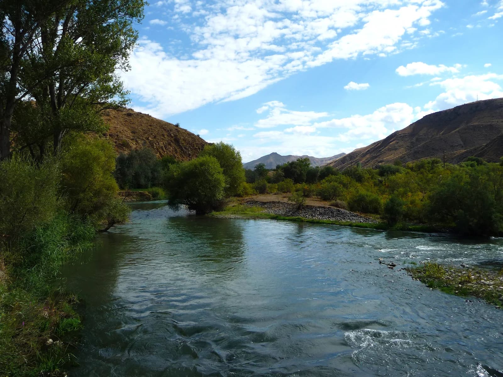 The Arpa River flowing between tree-lined banks and dry hills in Vayots Dzor