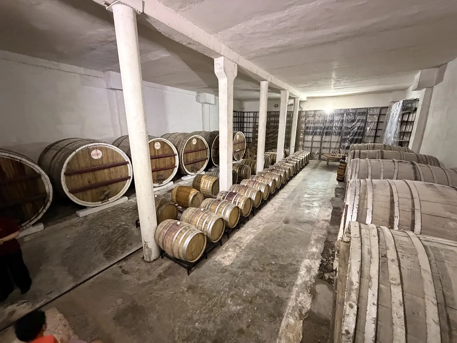 Armenian oak barrels of various sizes arranged in Vayk Winery’s underground cellar