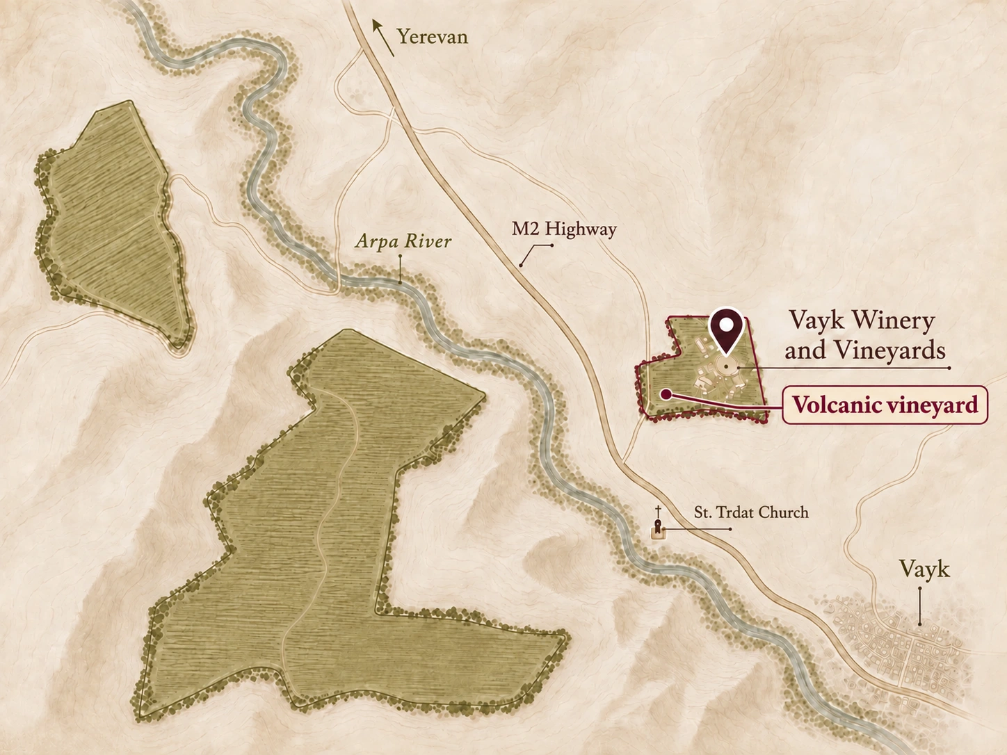 Illustrated map of Vayk Winery, the Arpa River, M2 Highway, St. Trdat Church and Vayk, with the small winery-side volcanic vineyard outlined and labelled in burgundy.