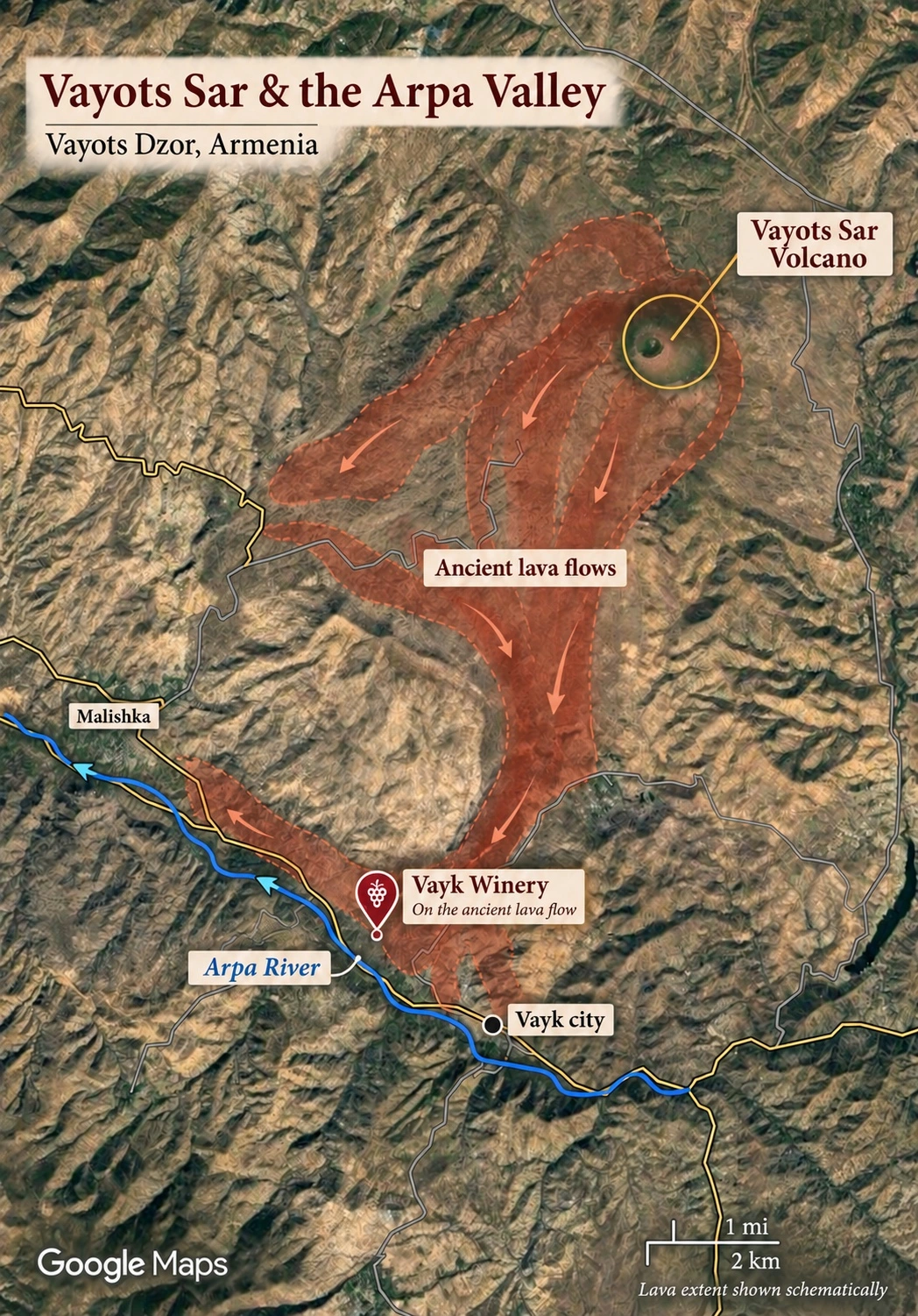 Vayots Sar and the Arpa Valley infographic showing schematic ancient lava flows, Vayk Winery, Vayk city, Malishka and the Arpa River.